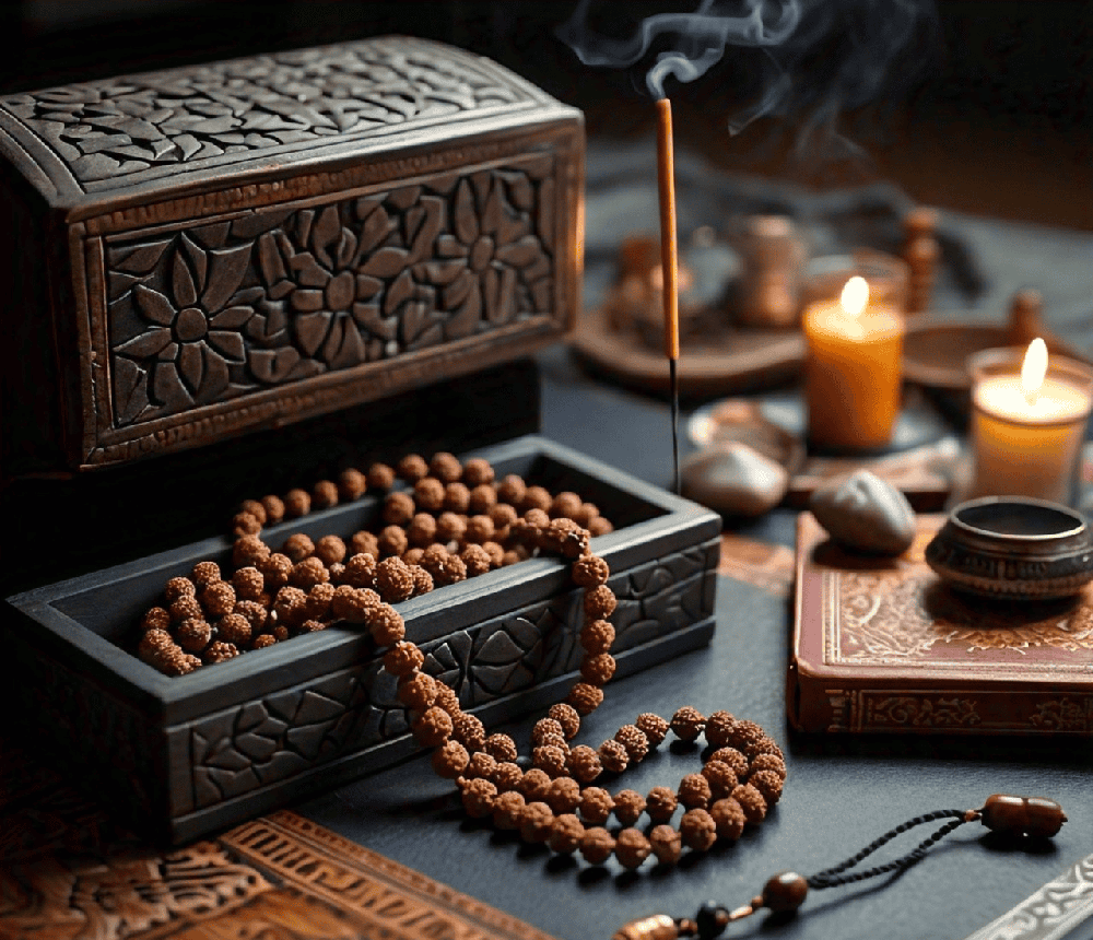 A calming meditation setup featuring Rudraksha beads, candles, and a peaceful environment 11